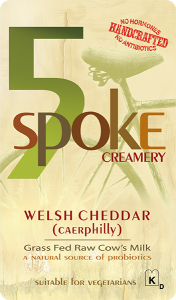 5 Spoke Creamery: Welsh Cheddar (Caerphilly) grass fed cow's milk new york cheese label.