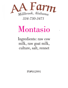 AA Farm Montasio cheese label from Millbrook, Alabama.