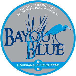 Chef John Folse's BitterSweet Plantation Dairy Bayou Blue Louisiana cheese label.