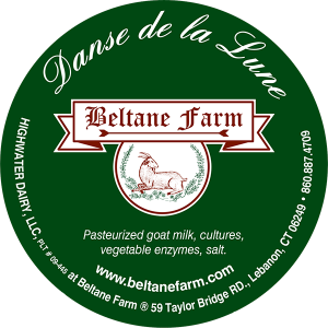 Beltane Farm: Danse de la Lune pasteurized goat milk connecticut cheese label.