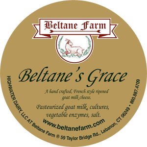 Beltane Farm: Beltane's Grace hand crafted, French style ripened goat Connecticut cheese label.