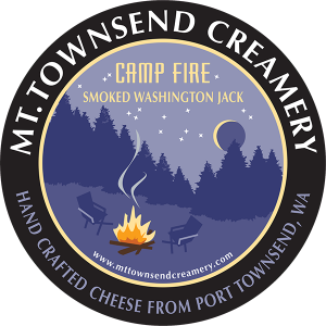 Mt. Townsend Creamery: Camp Fire cheese label image hand crafted Smoked Washington Jack cheese label.