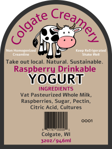 Colgate Creamery consecutively numbered cheese yogurt Label from Colgate, Wisconsin.