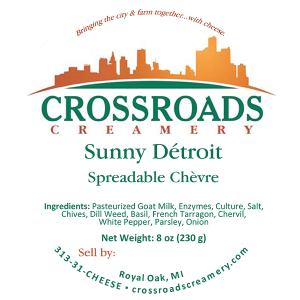 Crossroads Creamery Sunny Detroit Spreadable Chevre michigan cheese label.