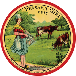 Dublin Farm, LLC: Peasant Girl Brie Michigan cheese label from Royal Oak, Michigan.