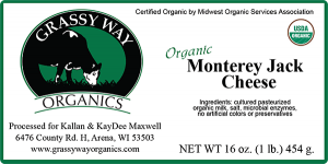 Grassy Way Organics: Organic Monterrey Jack cheese label. Wisconsin cheese label