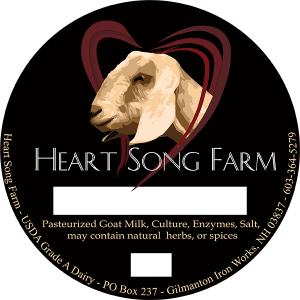Heart Song Farm pasteurized goat milk cheese label. new hampshire cheese label