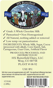 HX Butterfield: Dairy and Farmstead Creamery chocolate milk colorado label.