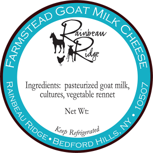 Rainbeau Ridge: Farmstead Goat Milk New York Cheese label.