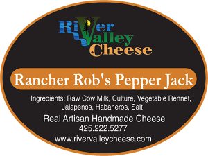 River Valley Cheese: Rancher Rob's Pepper Jack cheese label. Real Artisan Handmade Washington Cheese.