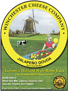 Winchester Cheese Company: Jalapeno Gouda authentic Holland style Boere Kaas california cheese label.