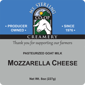 Mt. Sterling Creamery: Pasteurized Goat Milk Mozzarella Cheese label.