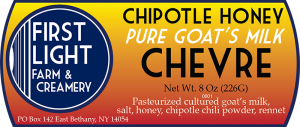 First Light Farm & Creamery Chipotle Honey Pure Goat's Milk Chevre label.
