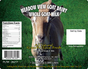 Meadow View Goat Dairy Whole Goat Milk label. Michigan dairy label