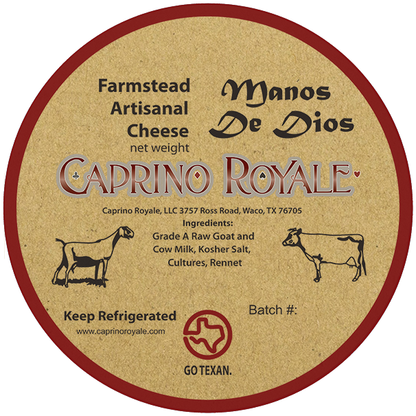 Caprino Royale: Manos De Dios Kraft Paper cheese label.