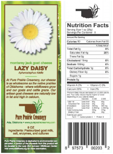 Pure Prairie Creamery: Lazy Daisy Monterrey jack goat Oklahoma cheese label.