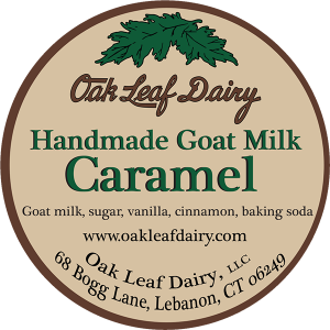 Oak Leaf Dairy: Handmade Goat Milk Caramel flavor CT cheese label.
