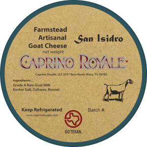 San Isidro Caprino Royale Kraft Paper cheese label.