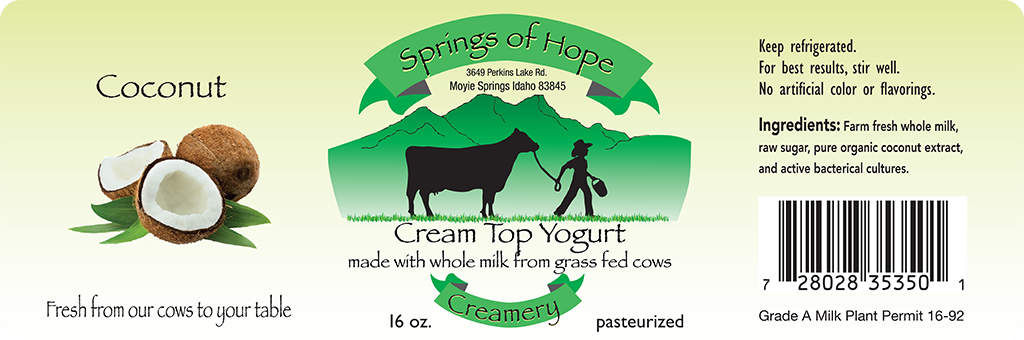Springs of Hope Cream Top Yogurt: Coconut artisan yogurt label.