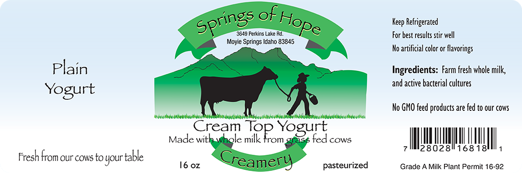 Springs of Hope Cream Top Yogurt: Plain artisan yogurt label.