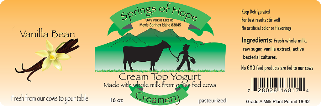 Springs of Hope Cream Top Yogurt: Vanilla Bean artisan yogurt label.