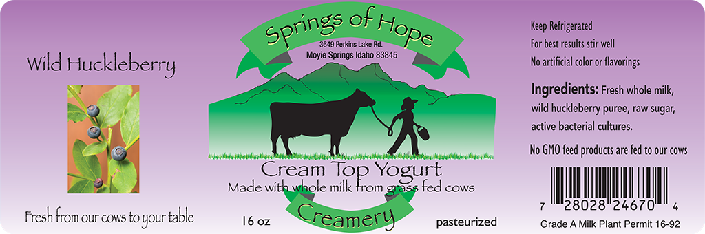 Springs of Hope Cream Top Yogurt: Wild Huckleberry artisan yogurt label.