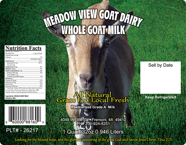 Meadow View Goat Dairy Whole Goat Milk label.