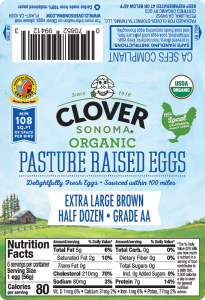 Custom egg carton labels for clover pasture raised eggs. Egg nutrition label.